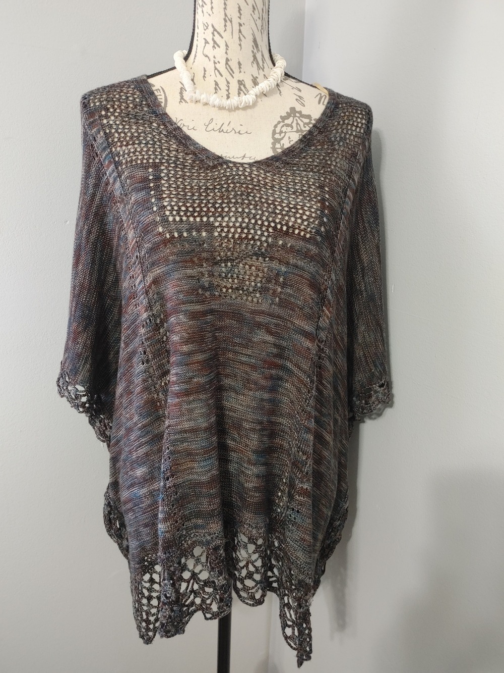 Democracy Tunic Sweater Marled Purple Open-Knit Crocheted Boho Batwing Sleeve L